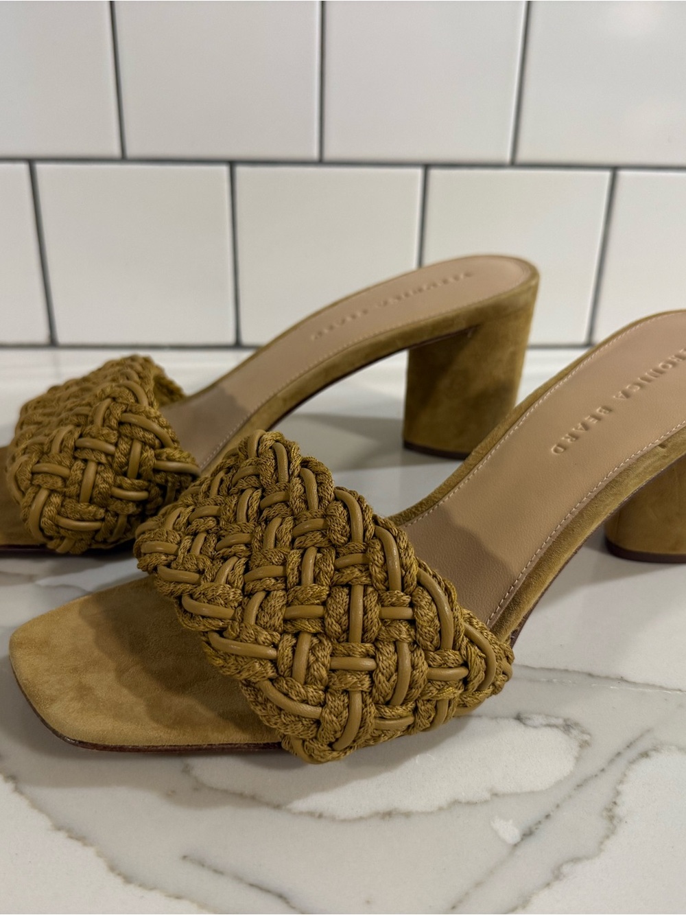 Veronica Beard "Kerra" Suede Woven Block-Heel Slide Sandals in yellow/mustard